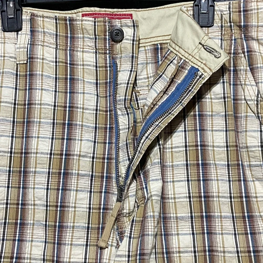 Levis Mens Plaid Cargo Shorts 37 Brown Blue Cotton Relaxed Fit Utility Hiking